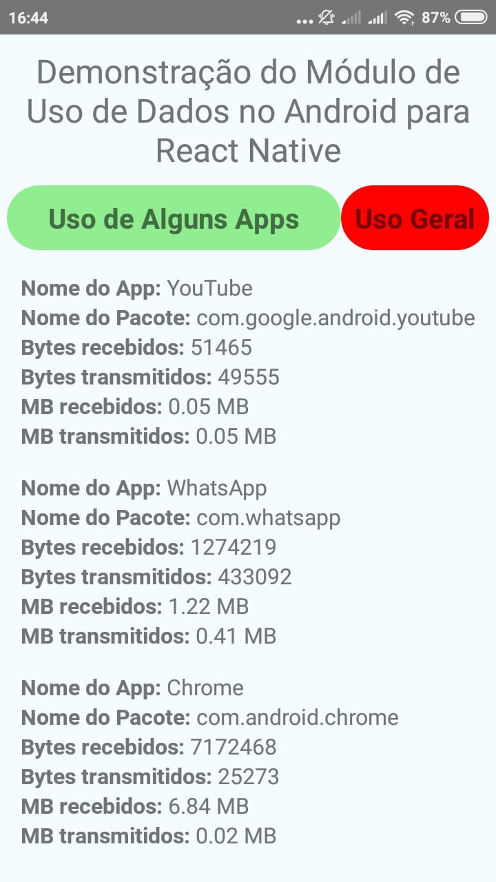 Aplicativo que mostra o uso de dados em React Native